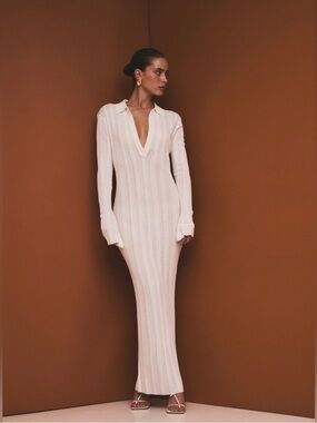 SER.O.YA Azula Rib Knit Maxi Dress in Porcelain Sz XS Semi Sheer Long Sleeve